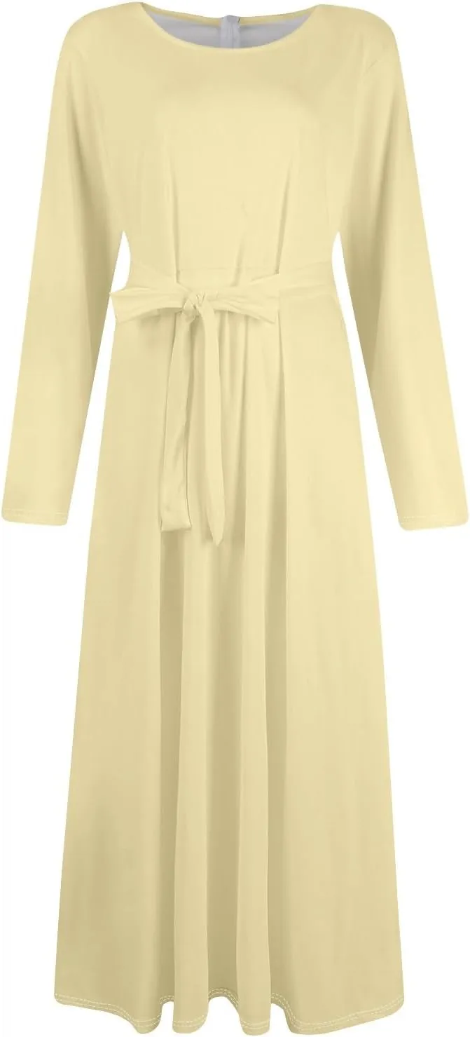 Women's Maxi Dresses 2025 Plus Size Round Neck Long Sleeve with Pockets Straps Big Hem Swing Dress, XL-5XL