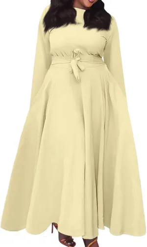 Women's Maxi Dresses 2025 Plus Size Round Neck Long Sleeve with Pockets Straps Big Hem Swing Dress, XL-5XL