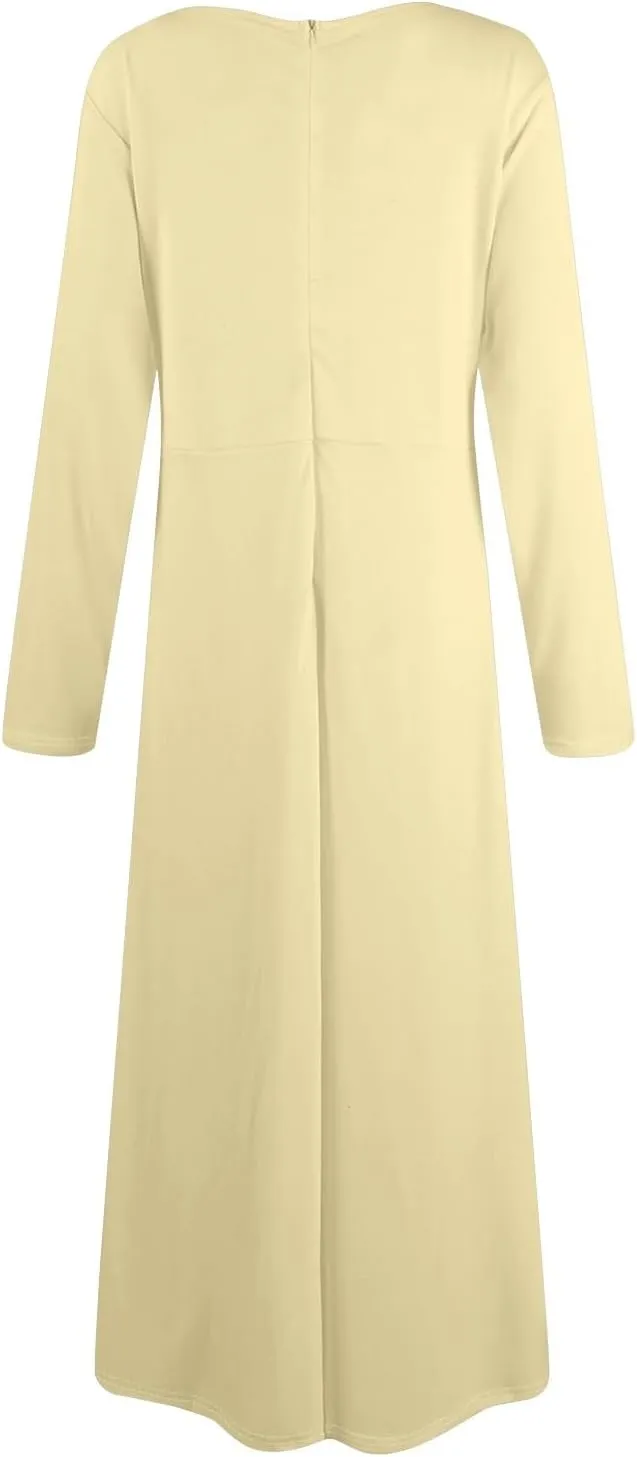 Women's Maxi Dresses 2025 Plus Size Round Neck Long Sleeve with Pockets Straps Big Hem Swing Dress, XL-5XL