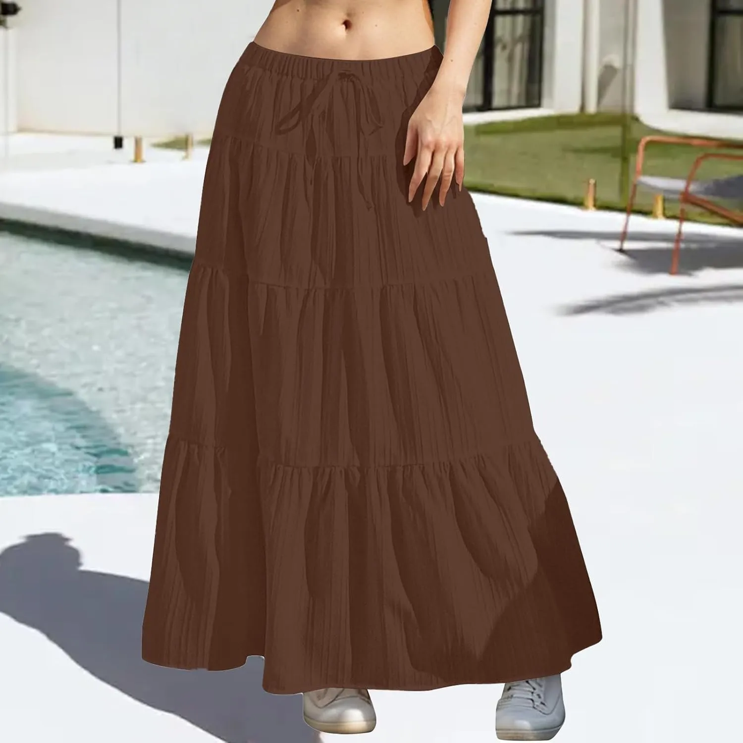 Women's Maxi Skirt Drawstring Elastic Waist Tiered Long Flowy Skirts Summer Vacation A-Line Pleated Skirts