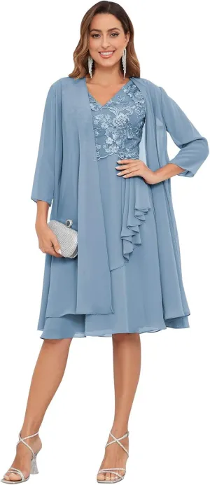 Women's Mother of The Bride Dresses for Wedding with Jacket 2 Piece Lace Chiffon 3/4 Sleeve Formal Evening Gown