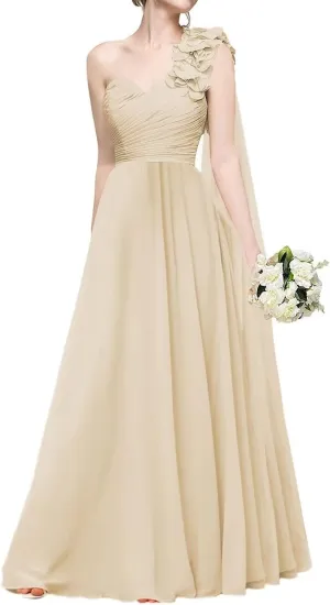 Women's One Shoulder Bridesmaid Dresses Long Chiffon Bridesmaid Dresses Flower Sleeves with Cape