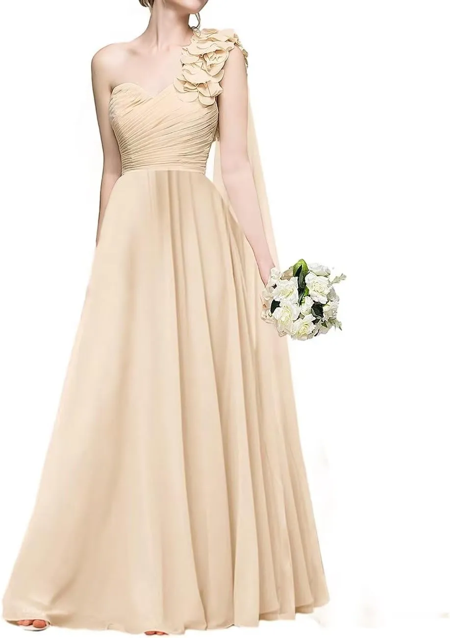 Women's One Shoulder Bridesmaid Dresses Long Chiffon Bridesmaid Dresses Flower Sleeves with Cape