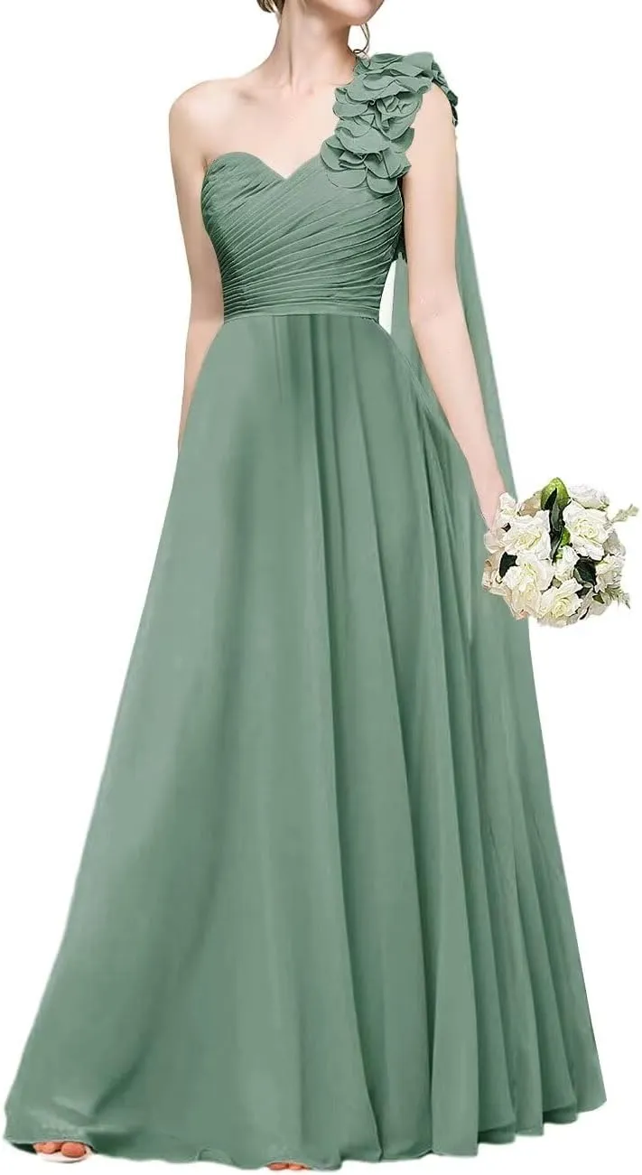 Women's One Shoulder Bridesmaid Dresses Long Chiffon Bridesmaid Dresses Flower Sleeves with Cape