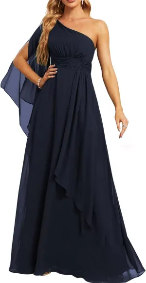 Women's One Shoulder Bridesmaid Dresses Ruched Prom Dresses Chiffon Formal Evening Party Maxi Gowns PE475