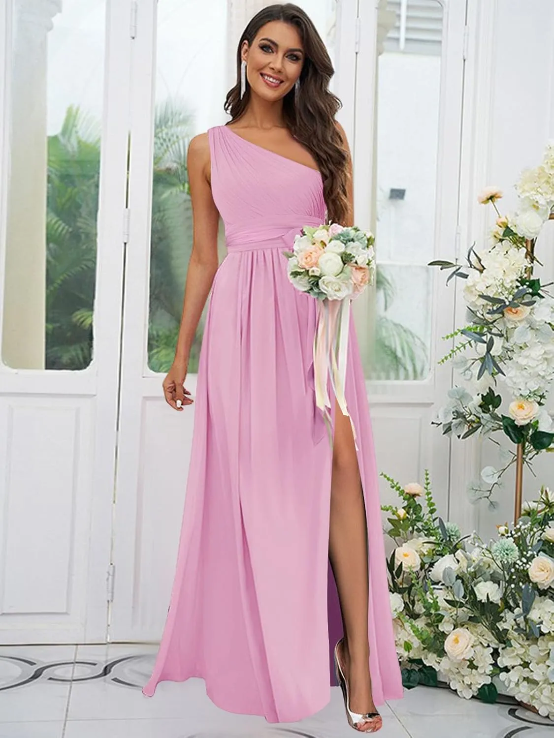 Women's One Shoulder Chiffon Bridesmaid Dress with Slit Long Ruched Formal Dresses for Wedding