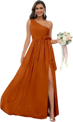 Women's One Shoulder Chiffon Bridesmaid Dress with Slit Long Ruched Formal Dresses for Wedding