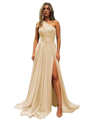 Women's One Shoulder Prom Dresses with Pockets Long Pleated Chiffon Formal Evening Gowns with Slit VT037