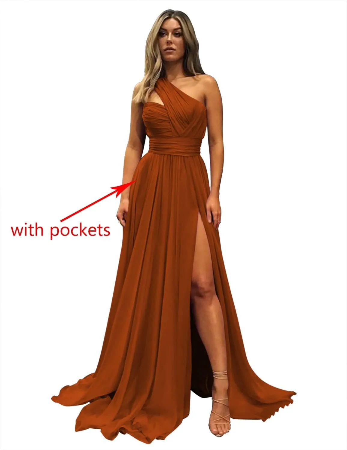 Women's One Shoulder Prom Dresses with Pockets Long Pleated Chiffon Formal Evening Gowns with Slit VT037