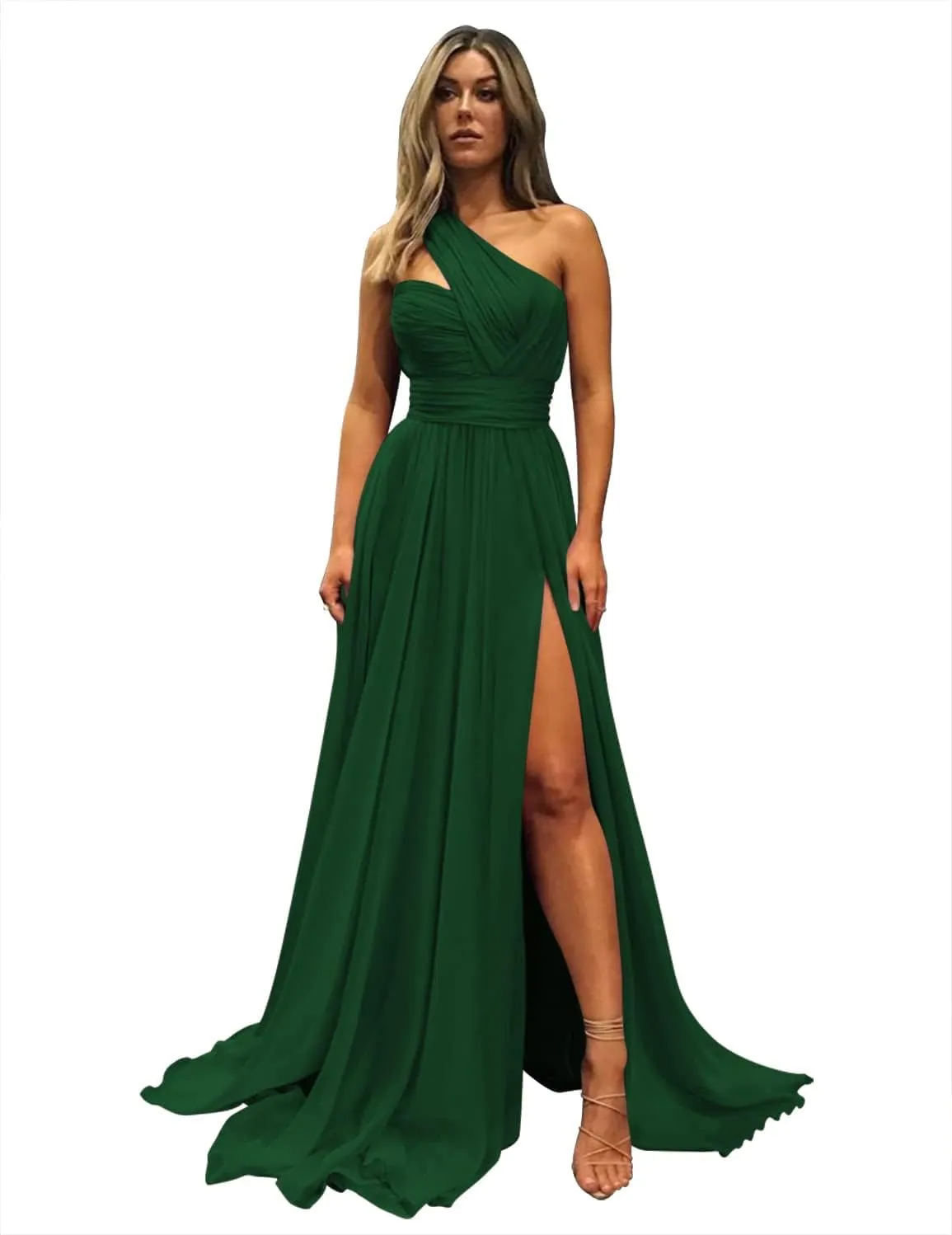 Women's One Shoulder Prom Dresses with Pockets Long Pleated Chiffon Formal Evening Gowns with Slit VT037