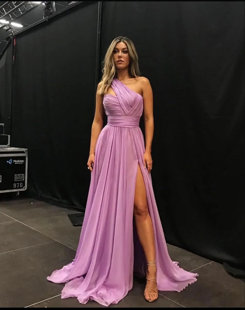 Women's One Shoulder Prom Dresses with Pockets Long Pleated Chiffon Formal Evening Gowns with Slit VT037