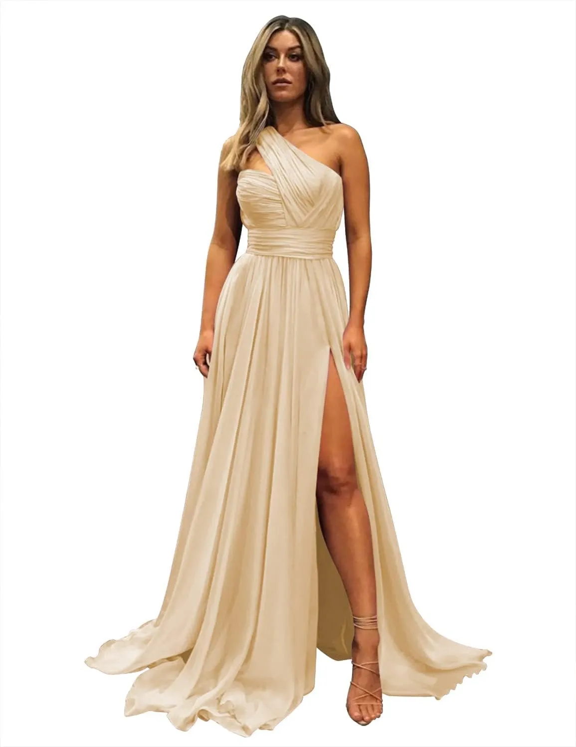 Women's One Shoulder Prom Dresses with Pockets Long Pleated Chiffon Formal Evening Gowns with Slit VT037