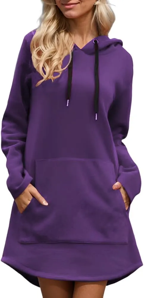 Women's Oversized Long Sleeve Fleece Pullover Tunic Hoodies Loose Curved Hem Hooded Midi Sweatshirt Dress with Pocket