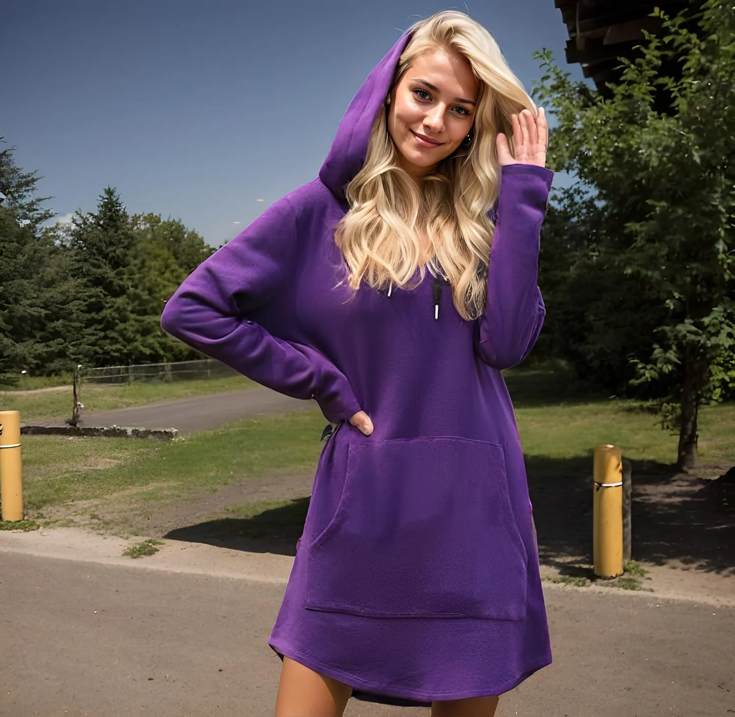 Women's Oversized Long Sleeve Fleece Pullover Tunic Hoodies Loose Curved Hem Hooded Midi Sweatshirt Dress with Pocket