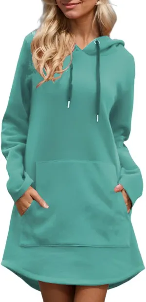 Women's Oversized Long Sleeve Fleece Pullover Tunic Hoodies Loose Curved Hem Hooded Midi Sweatshirt Dress with Pocket