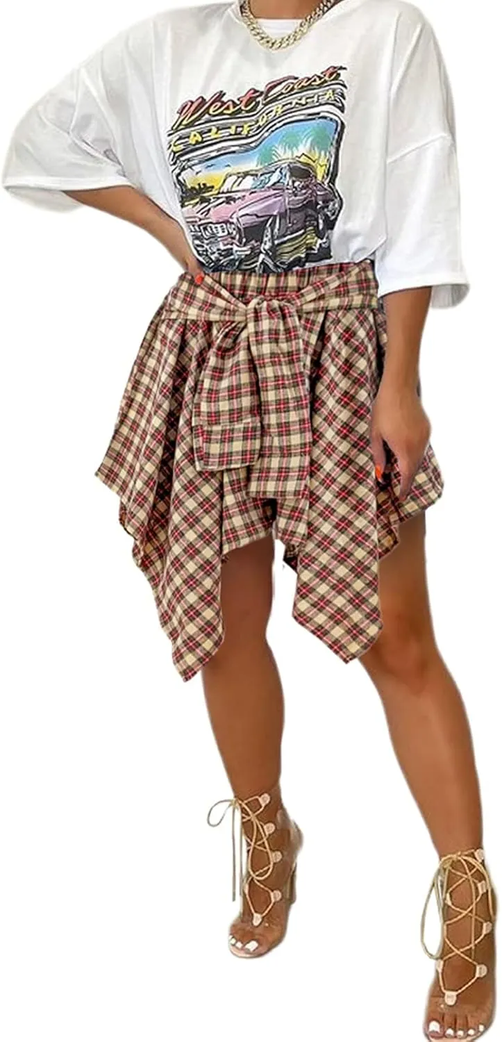 Women's Plaid Skorts Skirts - High Waisted Tie Front Pleated Summer Asymmetrical Skirt with Shorts