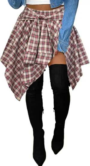 Women's Plaid Skorts Skirts - High Waisted Tie Front Pleated Summer Asymmetrical Skirt with Shorts