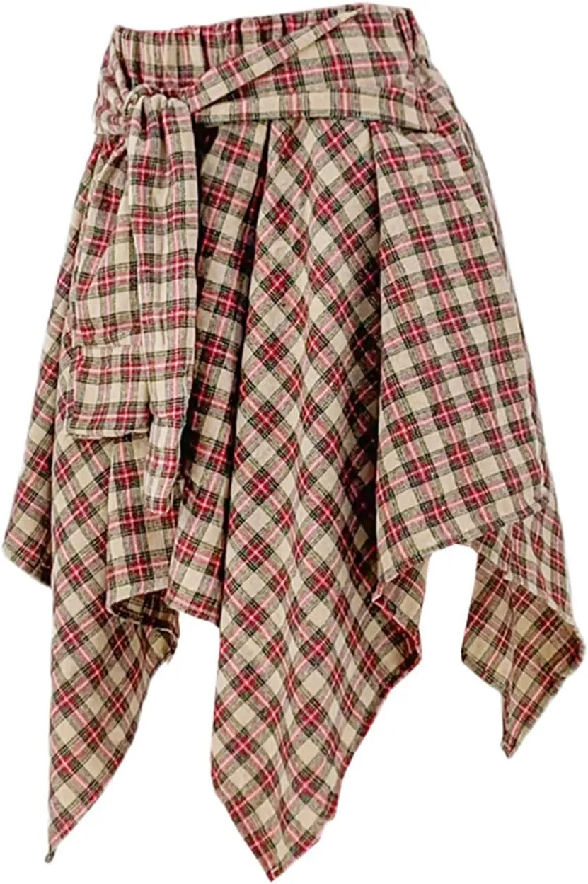 Women's Plaid Skorts Skirts - High Waisted Tie Front Pleated Summer Asymmetrical Skirt with Shorts