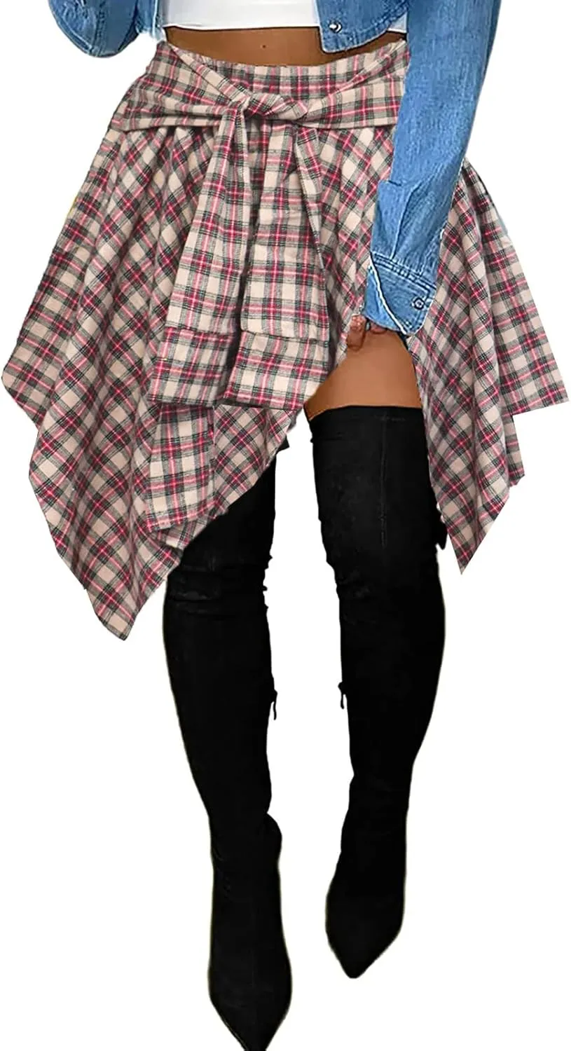 Women's Plaid Skorts Skirts - High Waisted Tie Front Pleated Summer Asymmetrical Skirt with Shorts