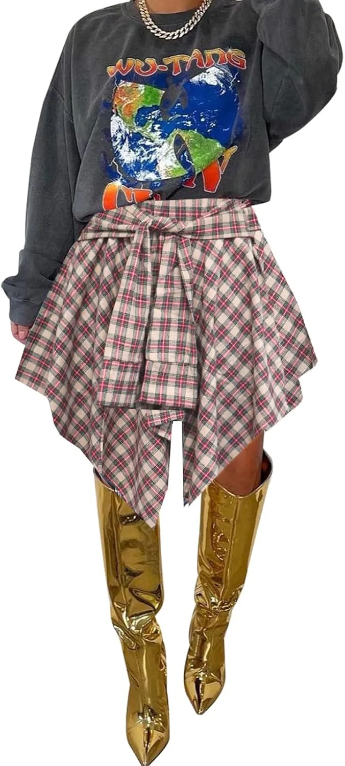 Women's Plaid Skorts Skirts - High Waisted Tie Front Pleated Summer Asymmetrical Skirt with Shorts