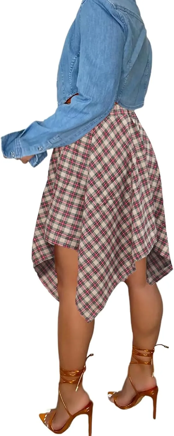 Women's Plaid Skorts Skirts - High Waisted Tie Front Pleated Summer Asymmetrical Skirt with Shorts