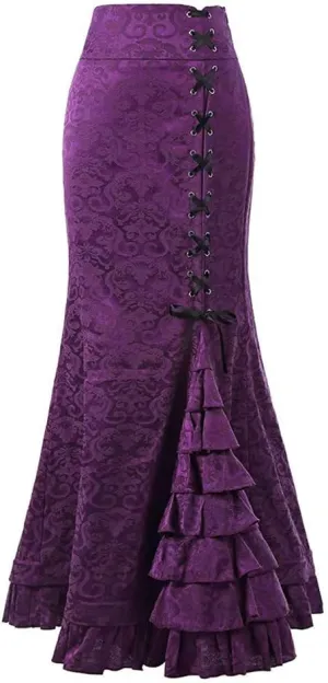 Women's Retro Lace-Up Drawstring Tiered Ruffle Long Skirt High Waist Fishtail Mermaid Pencil Maxi Skirt