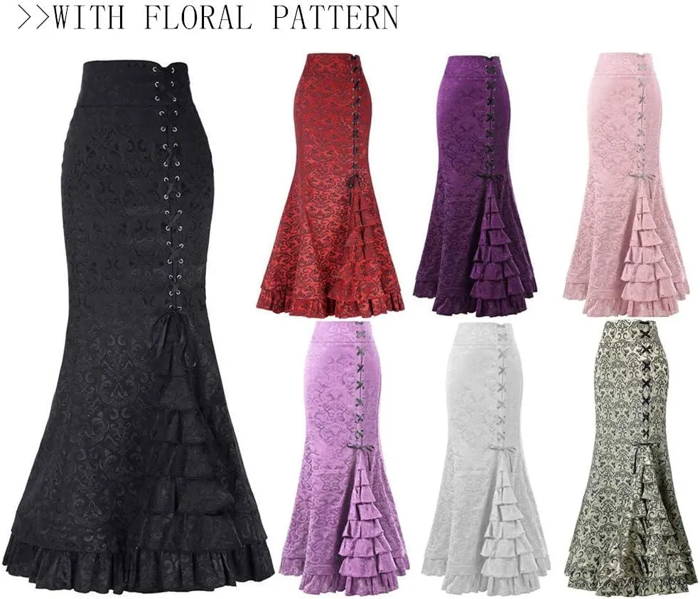 Women's Retro Lace-Up Drawstring Tiered Ruffle Long Skirt High Waist Fishtail Mermaid Pencil Maxi Skirt