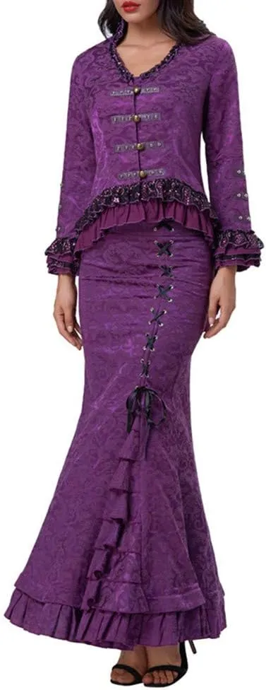 Women's Retro Lace-Up Drawstring Tiered Ruffle Long Skirt High Waist Fishtail Mermaid Pencil Maxi Skirt