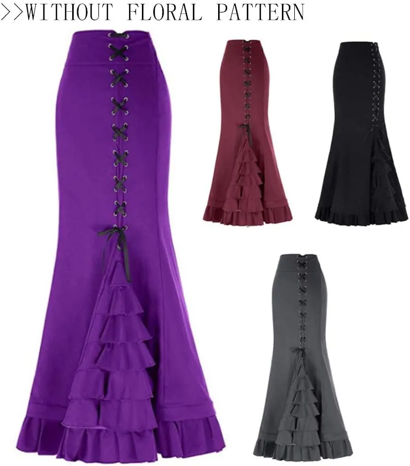Women's Retro Lace-Up Drawstring Tiered Ruffle Long Skirt High Waist Fishtail Mermaid Pencil Maxi Skirt