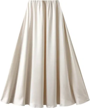 Women's Satin Skirts Long Length High Waisted Solid Color A-Line Luxury Wedding Dress Up Pleated Flowy Midi Skirt