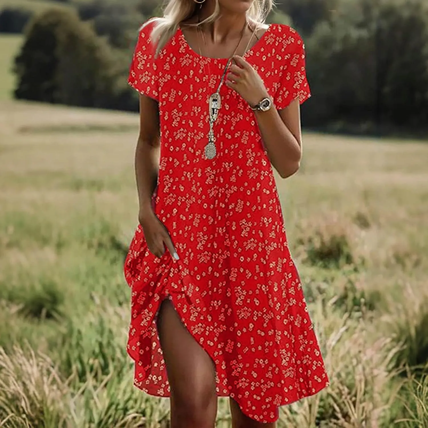 Women's Short Sleeve Summer Sundress with Pockets, Casual Loose Fit Floral Round Neck Knee Length Beach Dress