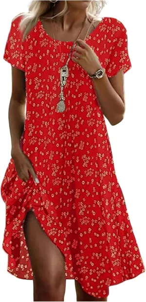 Women's Short Sleeve Summer Sundress with Pockets, Casual Loose Fit Floral Round Neck Knee Length Beach Dress