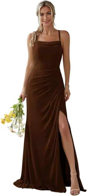 Women's Spaghetti Straps Mermaid Bridesmaid Dresses Long Cowl Neck Chiffon Formal Dresses with Slit MR36