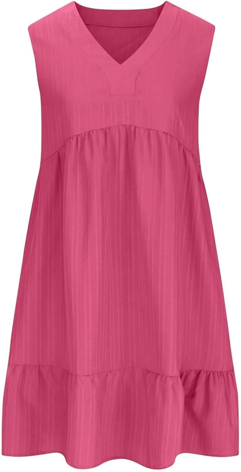 Womens Summer Dress Sleeveless V Neck Mini Dresses Fashion Casual Flowy Boho Ruffle A Line Swing Sundress 2025