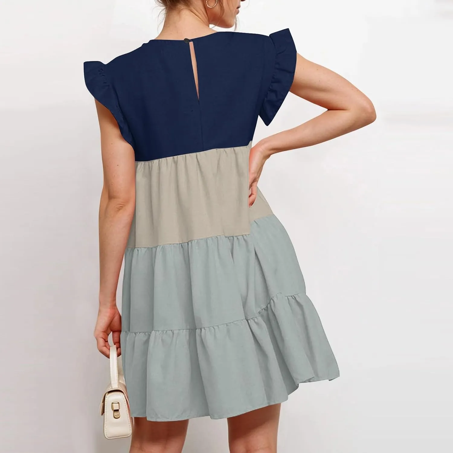 Women's Summer Dresses Casual Crew Neck Ruffle Sleeve Solid Color Flutter Beach Short Tunic Cute Mini Dress, S-2XL