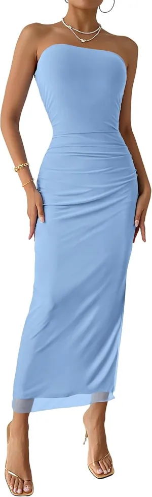 Women's Summer Maxi Bodycon Dresses Strapless Tube Top Printed Long Party Club Slit Dress