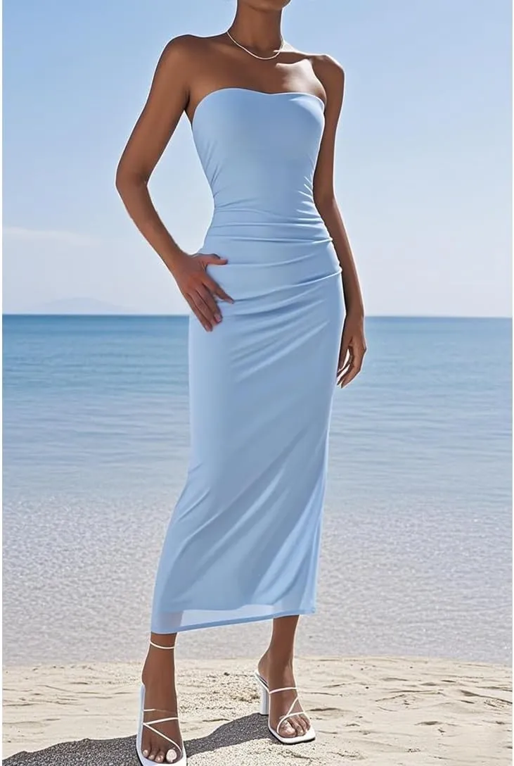 Women's Summer Maxi Bodycon Dresses Strapless Tube Top Printed Long Party Club Slit Dress