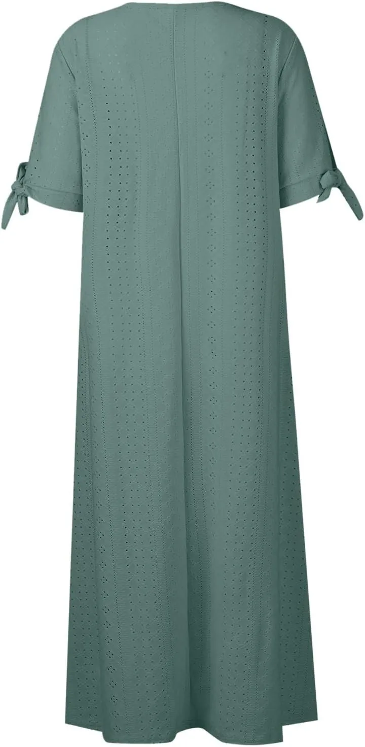 Women's Summer V Neck Button Tie Short Sleeve Boho Dress Pleated Casual Flowy Beach Vacation Midi Dresses