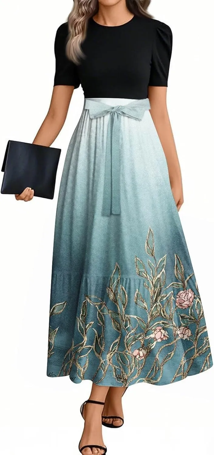 Women's Summer Wrap Dress Casual Boho Floral Printed Sun Dress Crew Neck Short Sleeve Ruffle Hem Beach Long Dresses