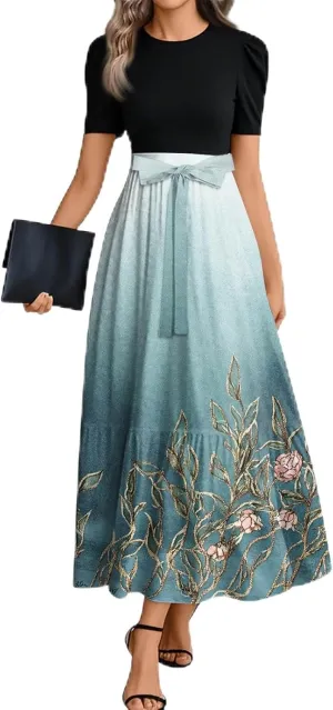 Women's Summer Wrap Dress Casual Boho Floral Printed Sun Dress Crew Neck Short Sleeve Ruffle Hem Beach Long Dresses