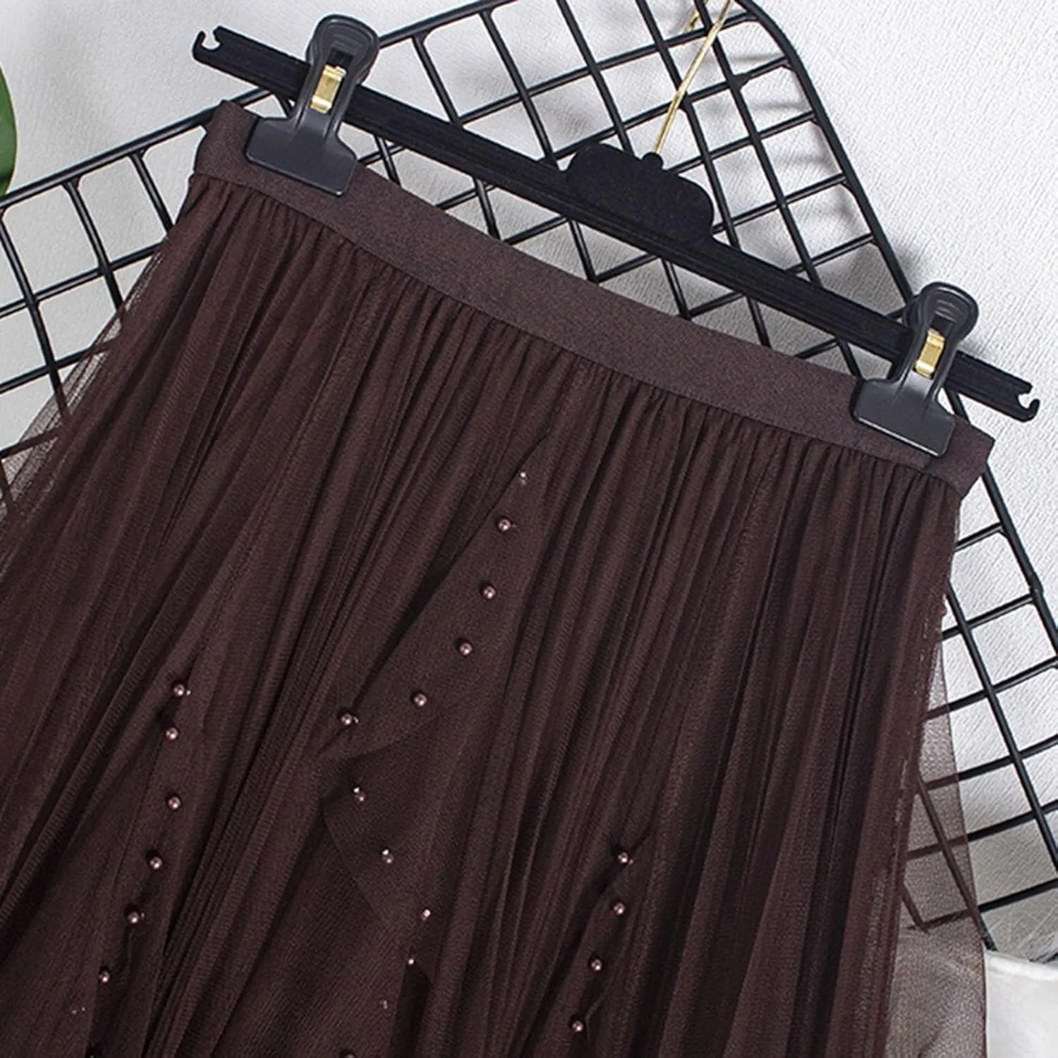 Women's Tulle Skirt Layered Pleated Mesh Tutu Skirt High Elastic Waist Midi Skirt Party Prom Mesh Flowy Ankle Skirt