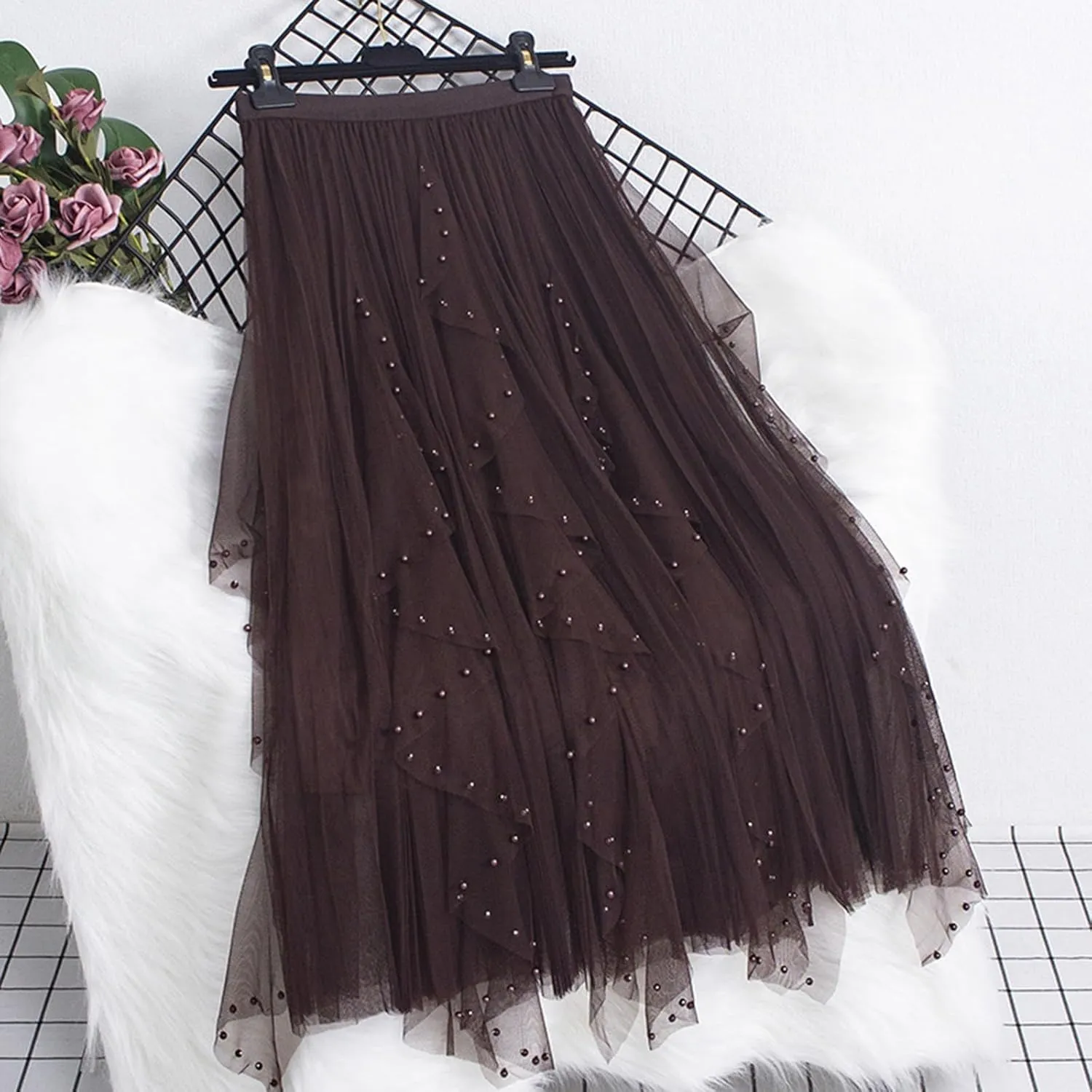 Women's Tulle Skirt Layered Pleated Mesh Tutu Skirt High Elastic Waist Midi Skirt Party Prom Mesh Flowy Ankle Skirt