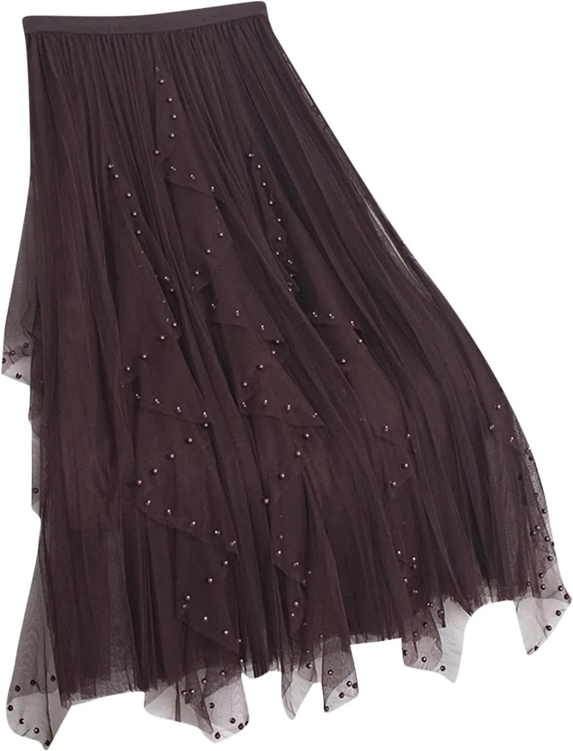 Women's Tulle Skirt Layered Pleated Mesh Tutu Skirt High Elastic Waist Midi Skirt Party Prom Mesh Flowy Ankle Skirt