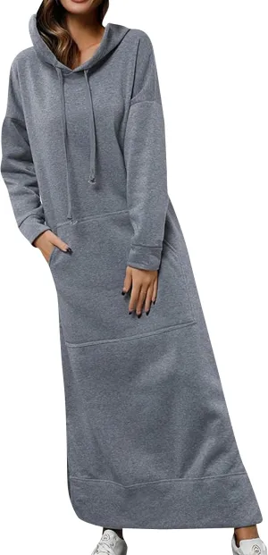 YMING Women's Hooded Maxi Pullover Dress Drawstring Solid Color Long Sweatshirt Fall Loose Slit Hoodies with Pockets