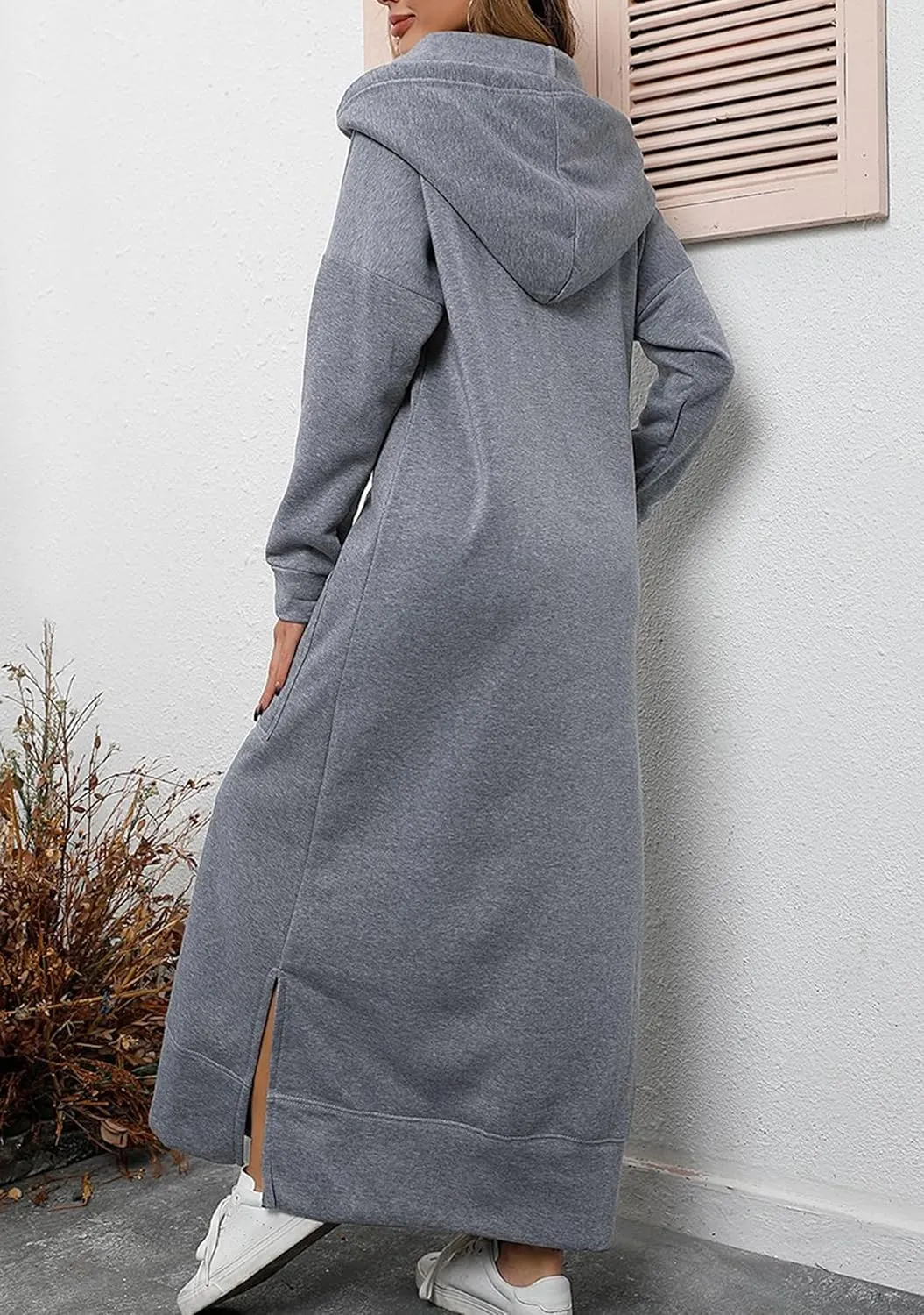 YMING Women's Hooded Maxi Pullover Dress Drawstring Solid Color Long Sweatshirt Fall Loose Slit Hoodies with Pockets