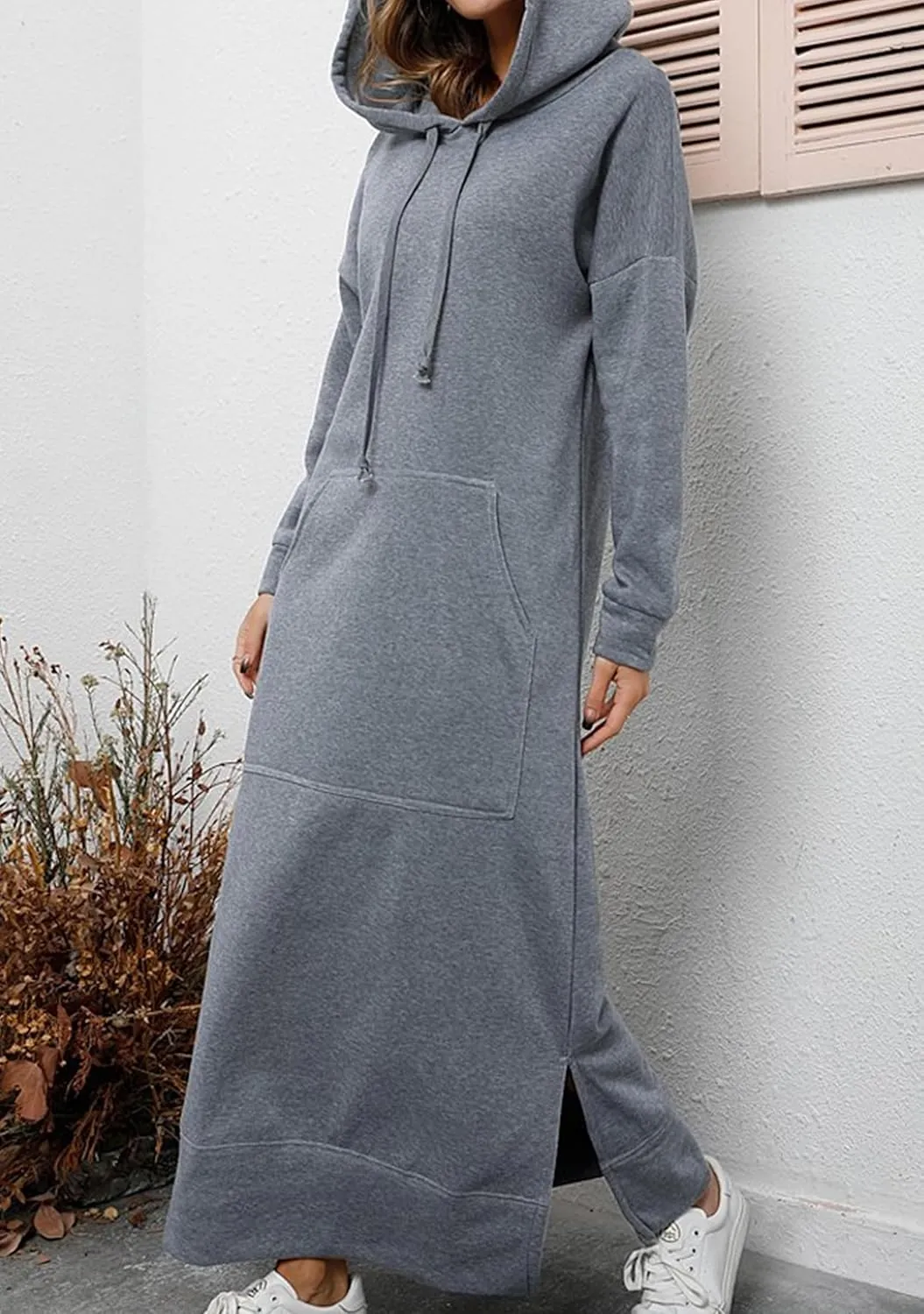 YMING Women's Hooded Maxi Pullover Dress Drawstring Solid Color Long Sweatshirt Fall Loose Slit Hoodies with Pockets