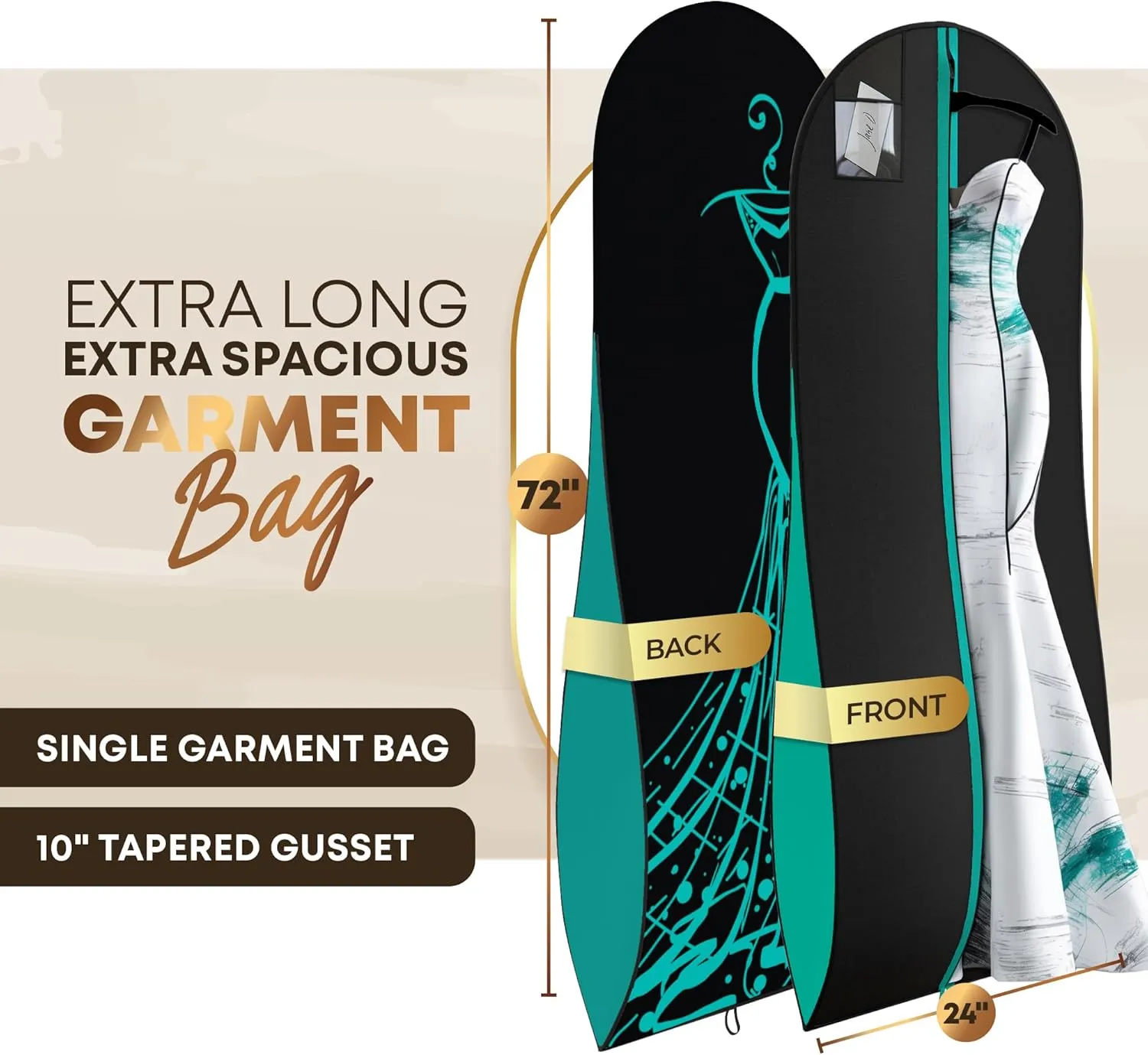Your Bags Womens Dress and Gown Garment Bag -72x24 and 10 Tapered Gusset Prom Bags (Blue/Black Dress Print)