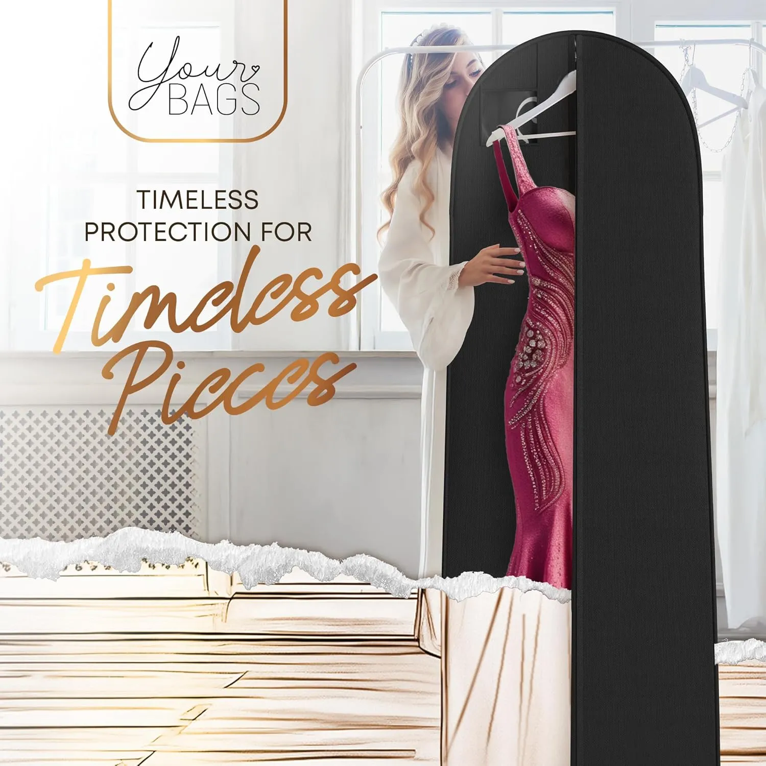 Your Bags Womens Dress and Gown Garment Bag -72x24 and 10 Tapered Gusset Prom Bags (Tiffany/Black Dress Print)