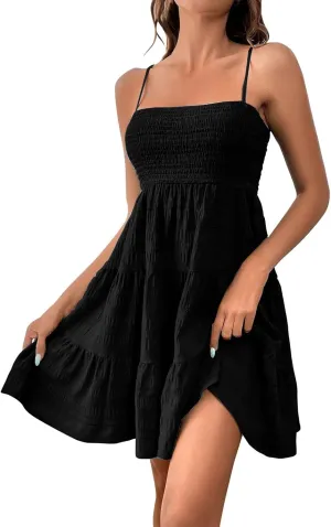 ZYXTIM Women's Spaghetti Strap Ruffle Hem Cami Dress Scoop Neck Elastic Waist A-Line Casual Cute Mini Dress Babydoll Dresses