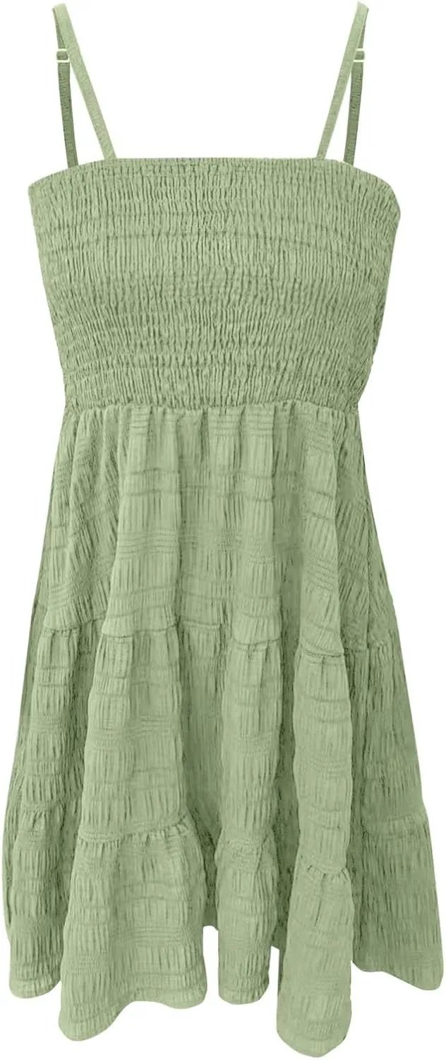 ZYXTIM Women's Spaghetti Strap Ruffle Hem Cami Dress Scoop Neck Elastic Waist A-Line Casual Cute Mini Dress Babydoll Dresses